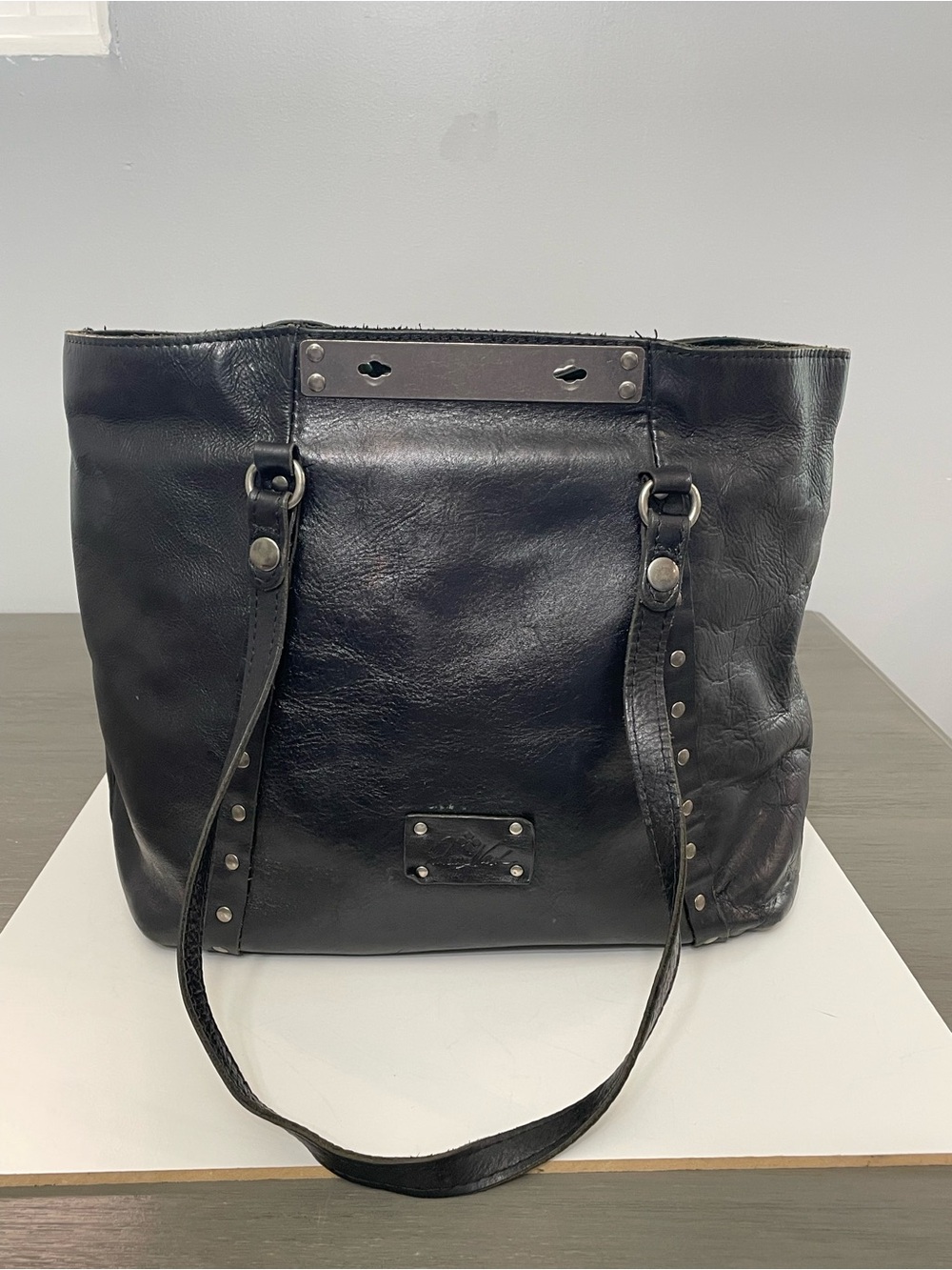 Patricia Nash Black Genuine Leather Studded Tote Shoulder Bag